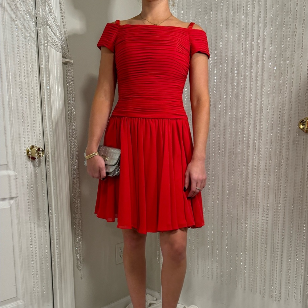 aj bari red chiffon mini dress